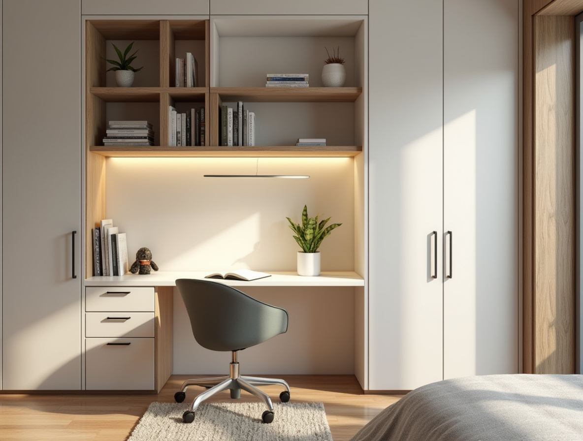 Estudios homework Estudio minimalista con escritorio blanco a medida, estantería y planta decorativa