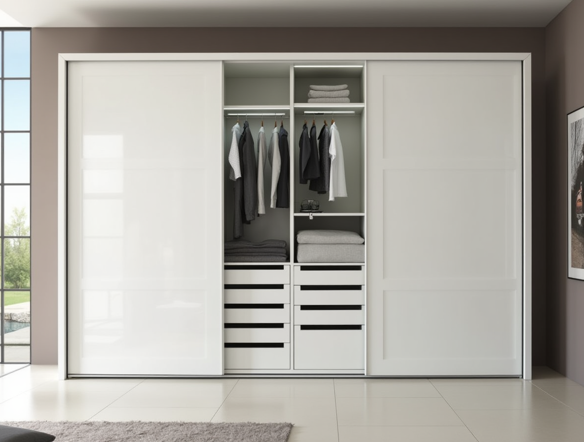 Armarios personalizados Armario blanco a medida con estantes organizados con ropa y zapatos