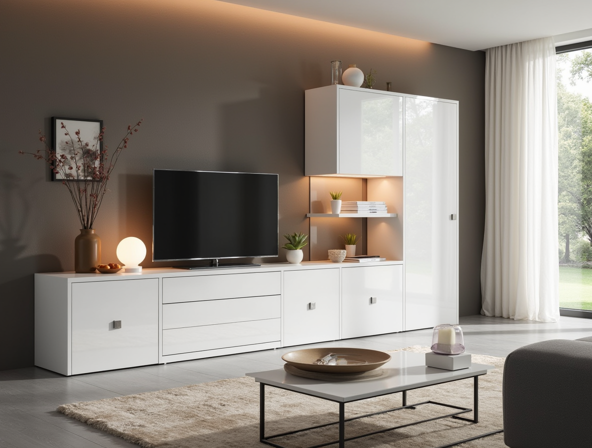 Salones Salón moderno con mueble blanco a medida, televisor y sofá